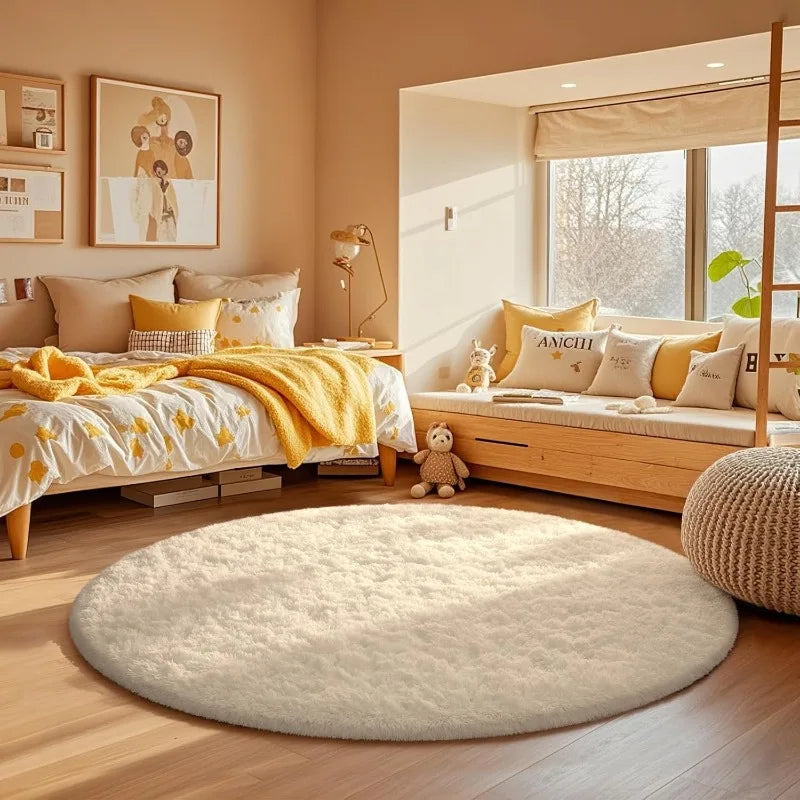 Round Fluffy Shaggy Rug – Soft Plush Cream White Circle Carpet
