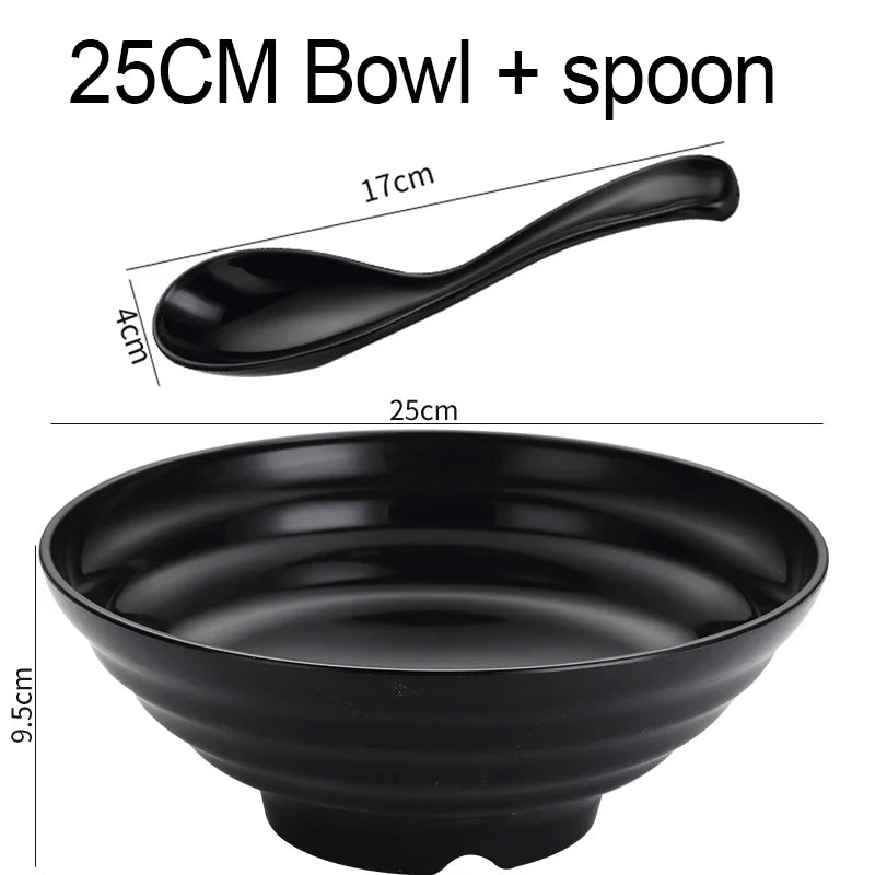 Thickened Plastic Ramen Bowl Anti-Slip Salad Bowl Solid Color Perfect for Kitchen Restaurant Lamian Noodles Bowl Peaceful Pleasures Health and Wellness 25cm Spoon