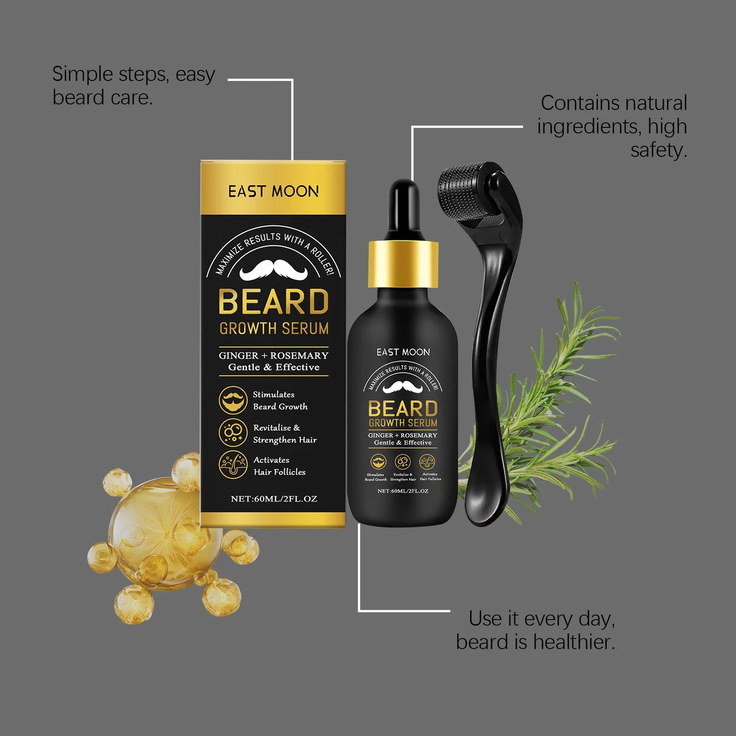 East Moon Beard Growth Serum Set | Thicker, Softer Beard Care