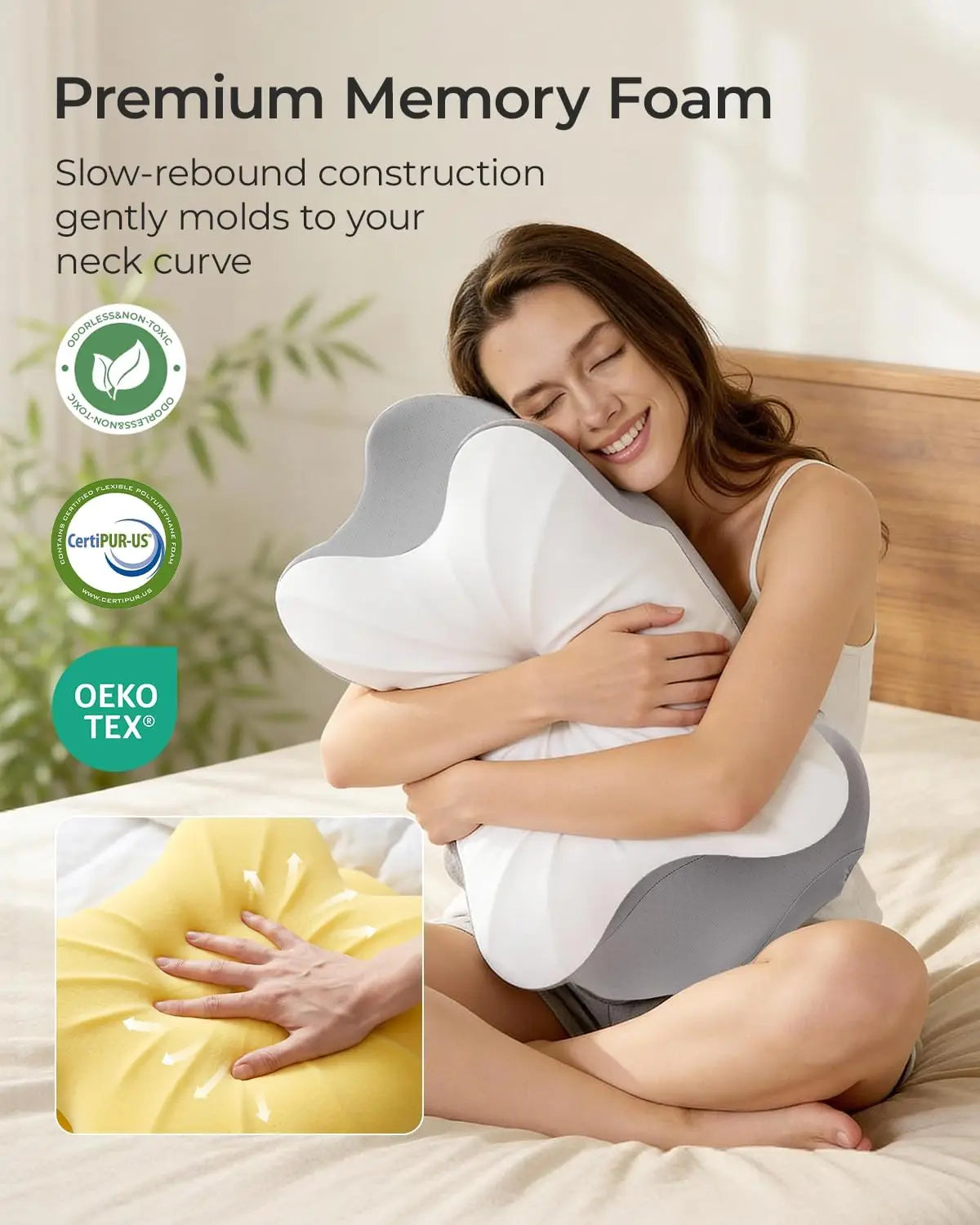 Woman hugging a white and gray memory foam pillow with certification logos displayed.