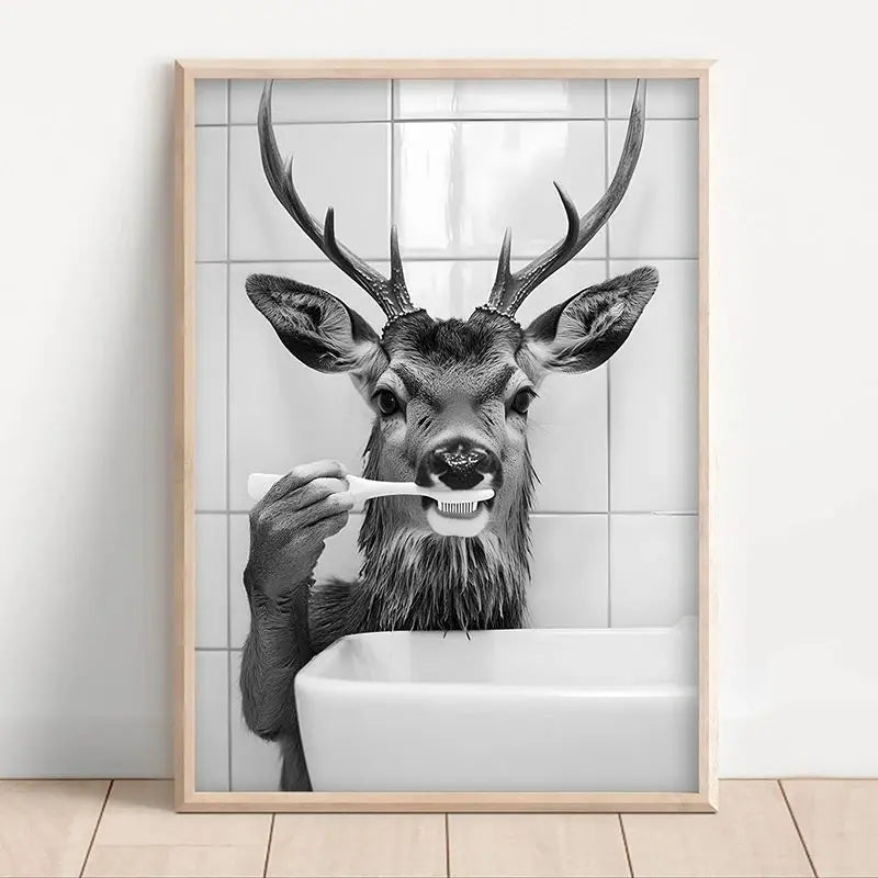 Funny Bathroom Animal Canvas Wall Art | Vintage Brushing Teeth