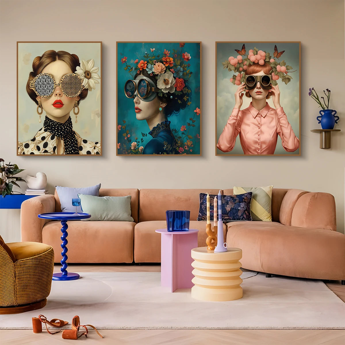 3pcs Nordic Boho Fashion Glasses Woman with Flowers Wall Art Canvas Painting Butterfly Girl Portrait Poster Prints Mural Picture Peaceful Pleasures Health and Wellness ZLH3129-ABC-3PCS 30x40cm Unframed