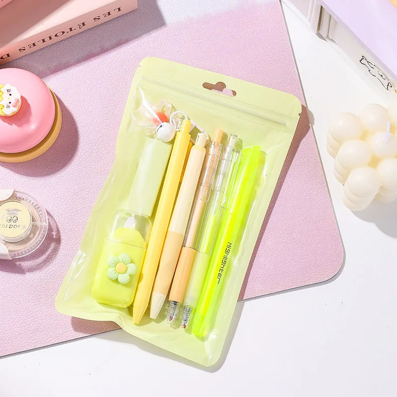 Macaron Color Stationery High Aesthetic Student School Opening Prize 8 in 1 Study Stationery Gift Set Cute Gift Boxes Stationery Peaceful Pleasures Health and Wellness YELLOW