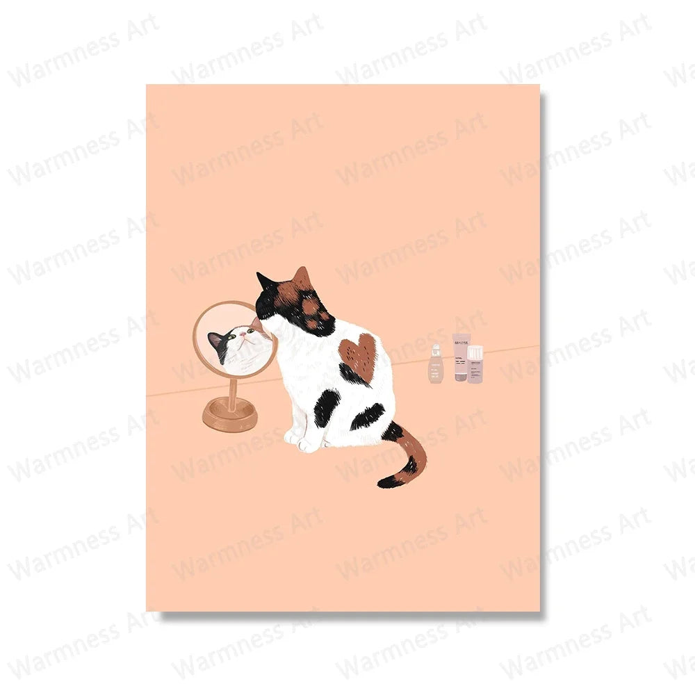 Retro Cat & Pizza Canvas Wall Art | Scandinavian Poster Print