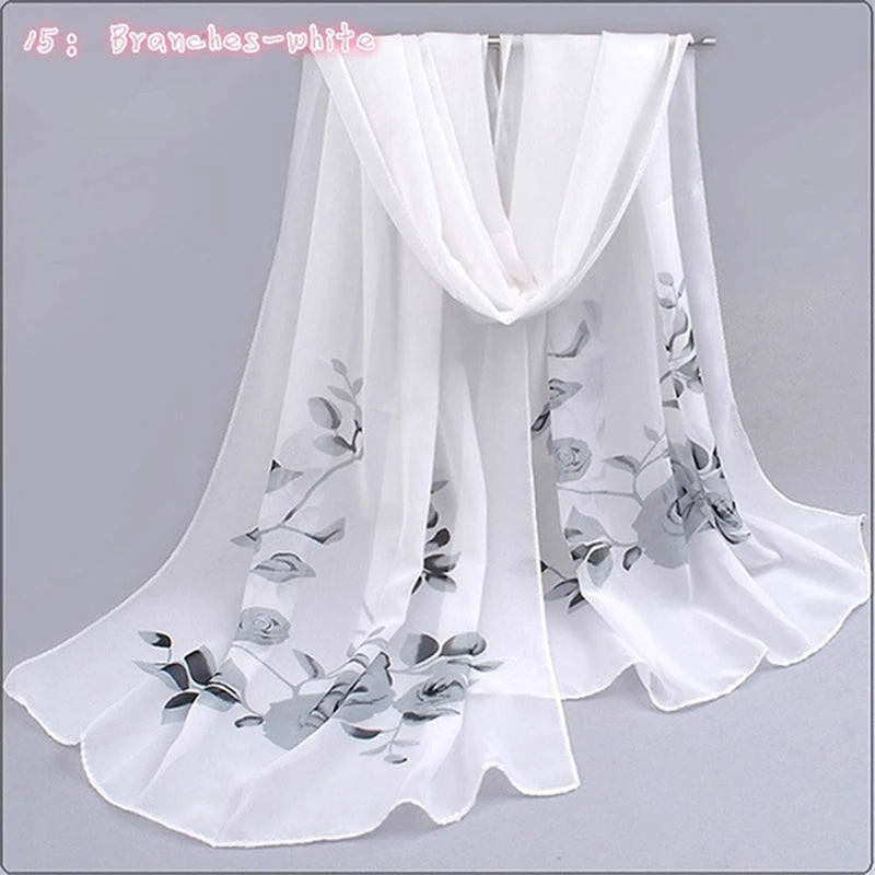 Women Chiffon Scarf Fashion Leisure Butterflies Branch Pattern Long Shawl Versatile Elegant Minimalist Retro Female Scarves Peaceful Pleasures Health and Wellness Branch White One Size