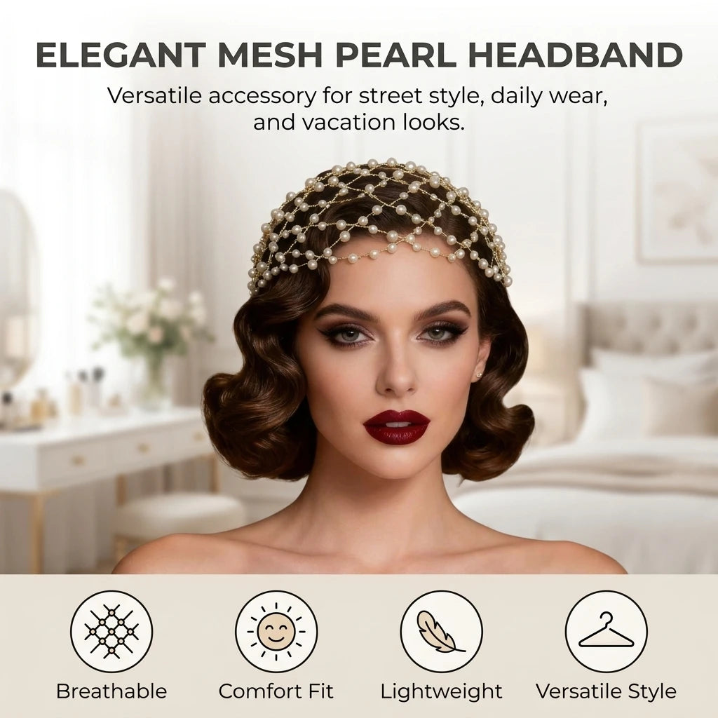 Pearl Embellished Mesh Headband For Women Elastic Net Hair Accessory With Pearl Decoration Peaceful Pleasures Health and Wellness