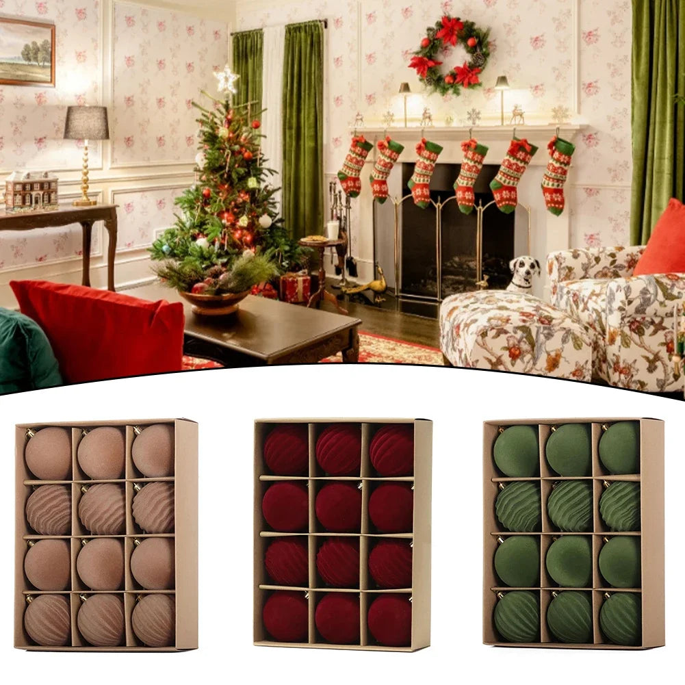 12-Pack Flocked Christmas Ball Ornaments 6cm & 8cm | Xmas Decor