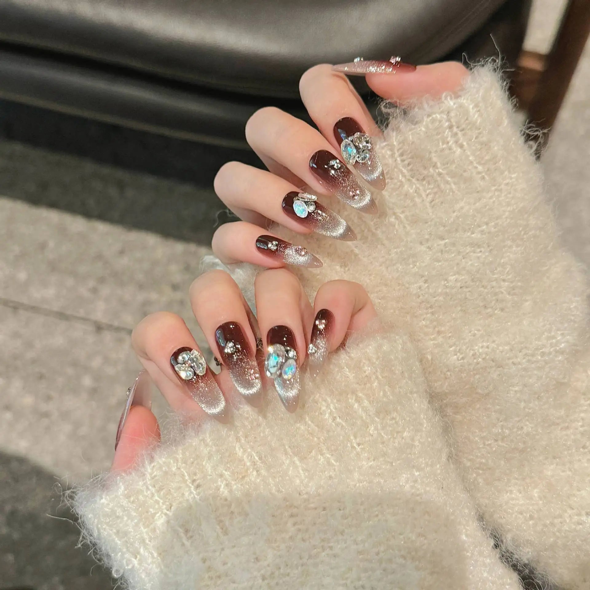 Handmade Press on Nails Autumn and Winter Sparkling French Cat Eye Fake Nails Shiny Rhinestone Decor Coffee Color False Nails Peaceful Pleasures Health and Wellness