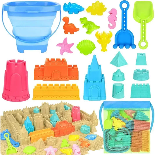 22-Piece Kids Collapsible Beach Toy Set – Sand Bucket & Molds Kids Sand Toy Set Peaceful Pleasures Health and Wellness