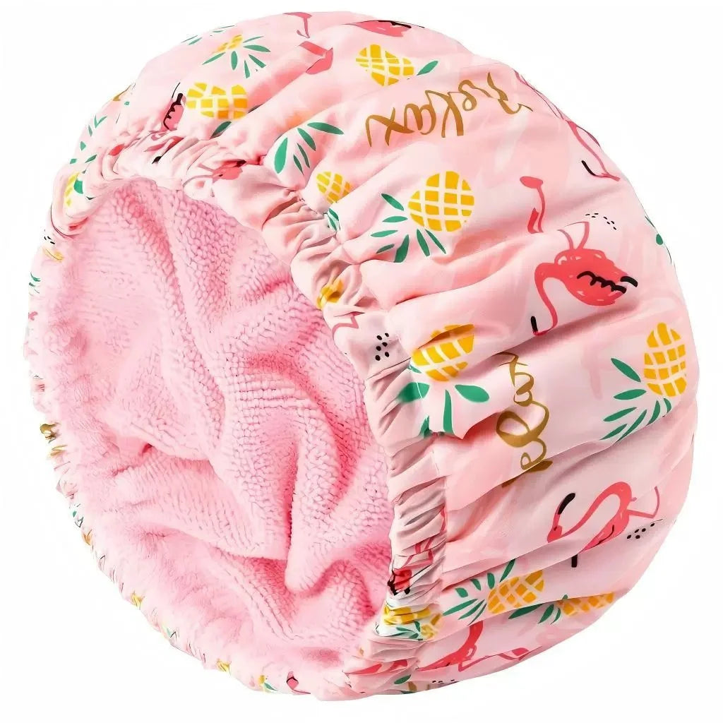 Terry Lined Shower Cap for Women – Large Reusable Waterproof Shower Cap Peaceful Pleasures Health and Wellness Flamingo