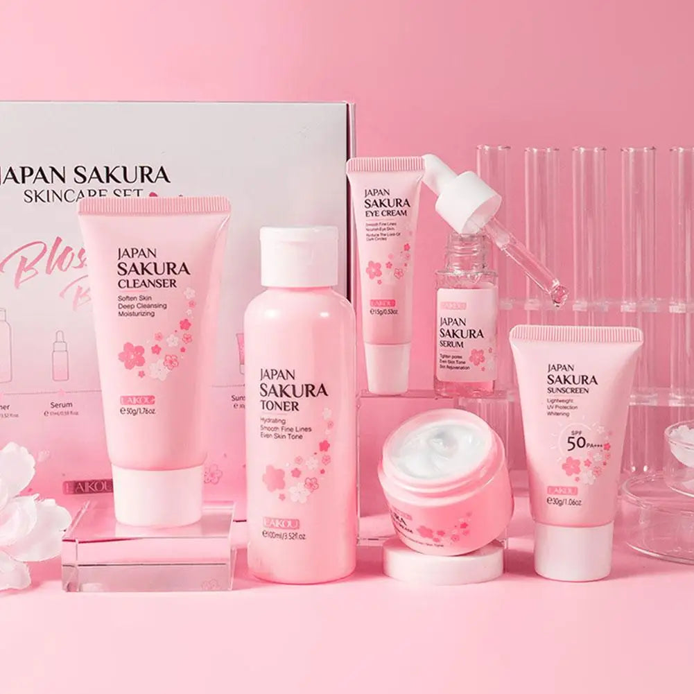 Sakura 6-Piece Skin Care Set – Cleanser, Toner, Serum, Eye Cream, Moisturizer & Sunscreen Peaceful Pleasures Health and Wellness