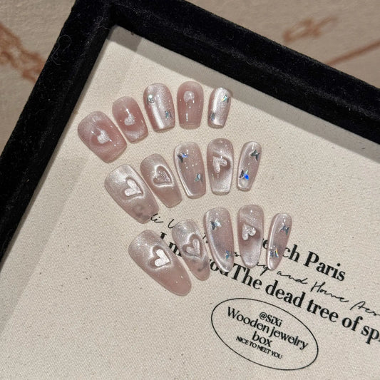 Sweet Pink Cat Eye Press-On Nails | Korean Oval Manicure Set Press-On Nail Set Peaceful Pleasures Health and Wellness