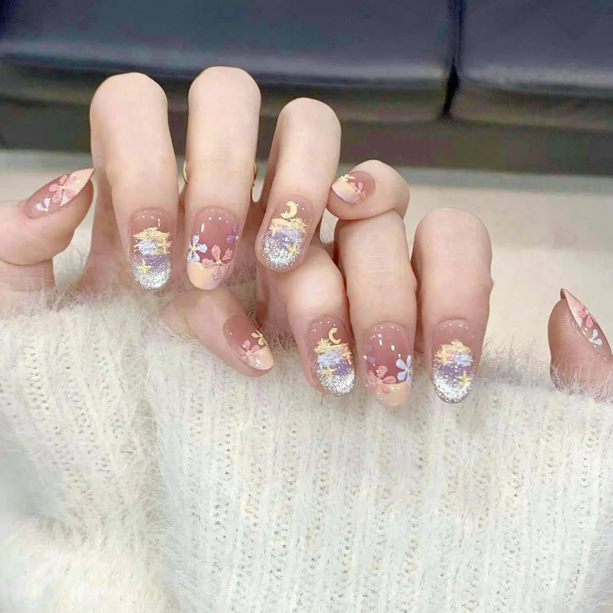 10pcs Handmade Round Press on Nails Sweet Cute Flowers Fake Nails for Girl Wearable Reusable Shiny Korean Style False Nail Tips Peaceful Pleasures Health and Wellness