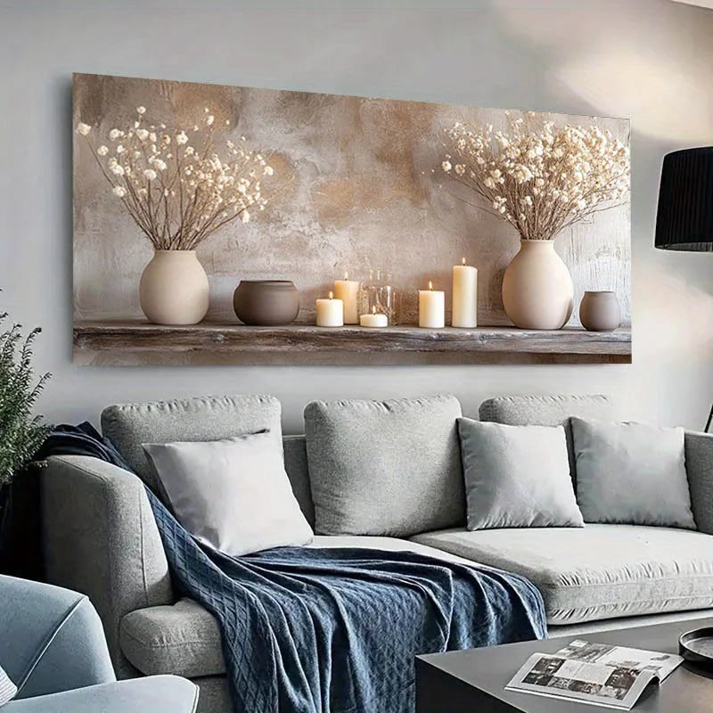 1pc Frameless Modern Canvas Art Golden Tree of Life, Neutral Tones with White Vases & Candles, for Living Room or Bedroom Decor Peaceful Pleasures Health and Wellness