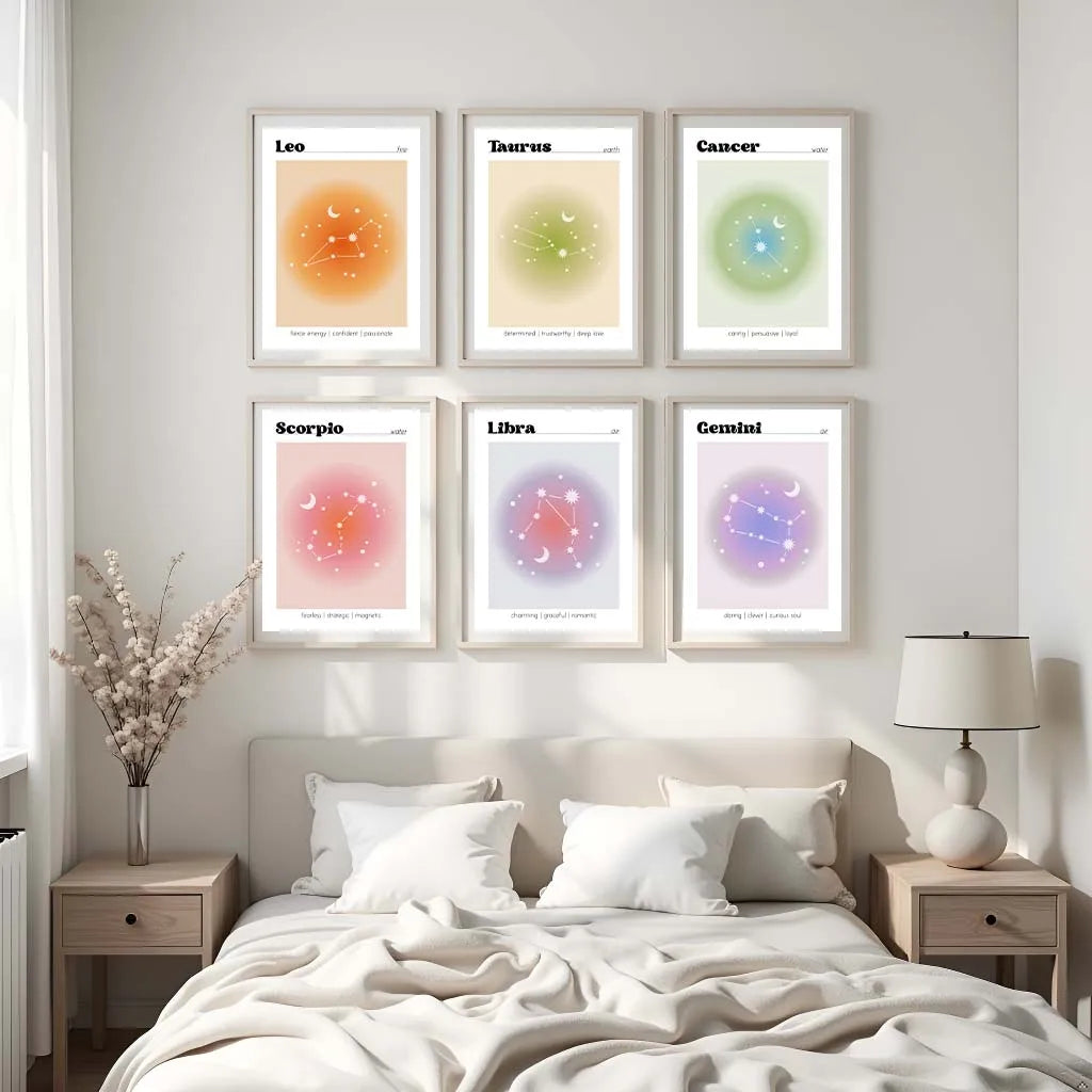 12 Zodiac Constellation Canvas Wall Art | Aura Gradient Poster