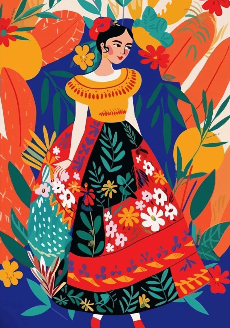 Latina Woman Floral Canvas Wall Art | Ethnic Maximalist Print