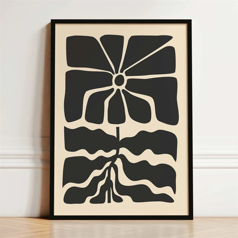 Black and Beige Dark Boho Flower Poster Abstract Mid Century Modern Botanical Canvas Painting Wall Art Picture for Home Decor Peaceful Pleasures Health and Wellness