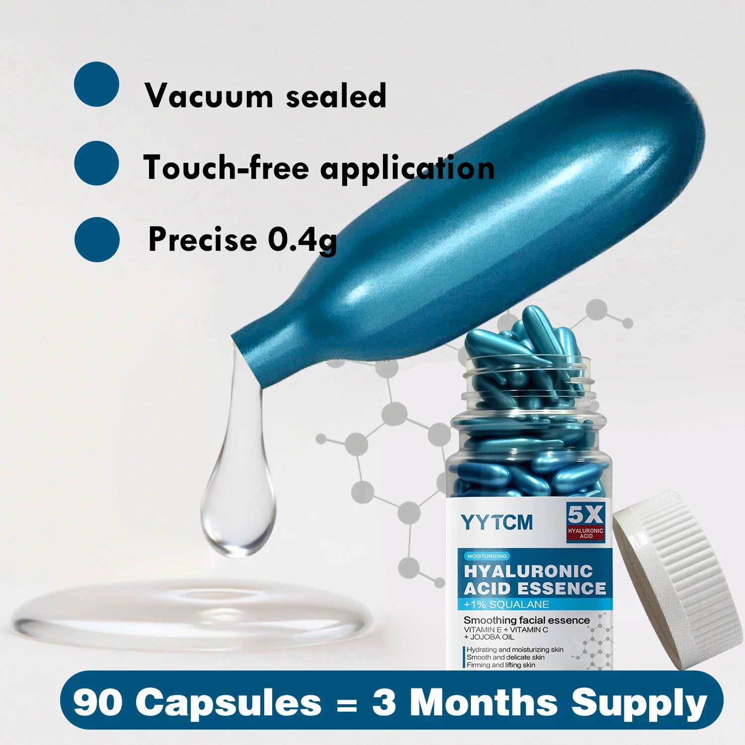 Hyaluronic Acid Deep Moisturizing Capsule Essence, Hydrates and Smooths the Skin, Contains Plant-Derived Squalane, Vitamin E, Vitamin C, Deep Moisturizing and Brightening Skin Essence (0.4Gx90 Capsules)/Bottle-1 Bottle Peaceful Pleasures Health and Wellness