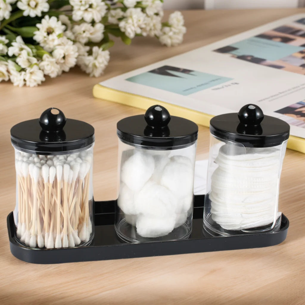 Qtip Holder Bathroom Set with Tray 3 Pack Acrylic Plastic Apothecary Jars Qtip Dispenser Canister with Lid Bathroom Organizers Peaceful Pleasures Health and Wellness