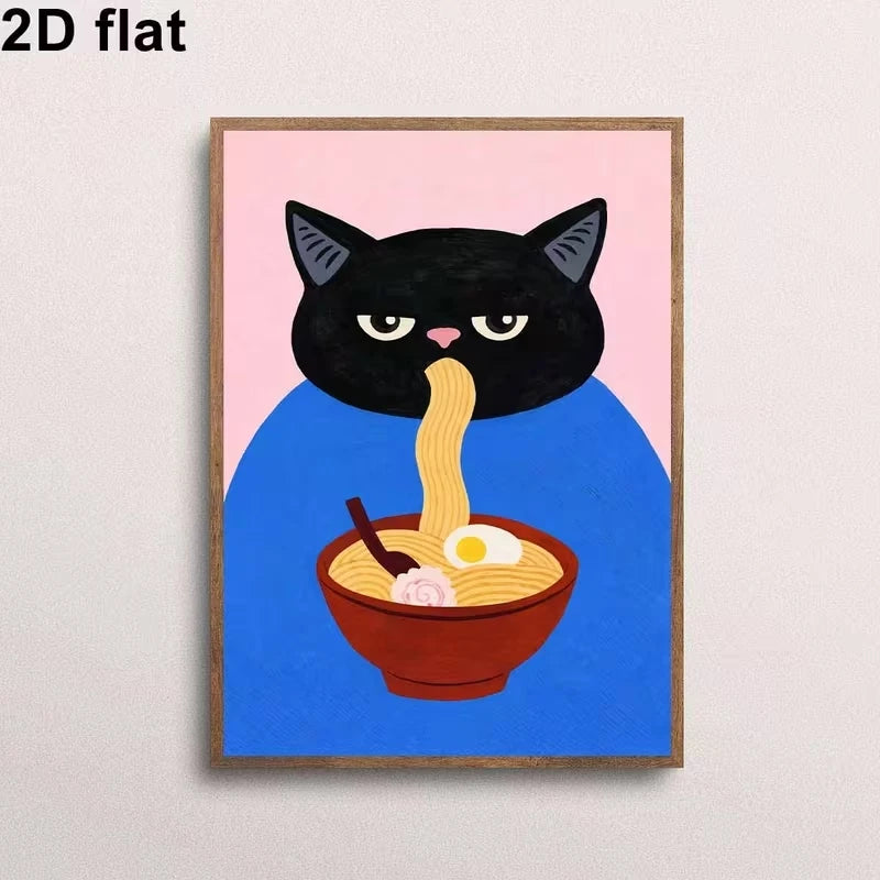 Black Cat Ramen Canvas Wall Art Print | Funny Home Decor