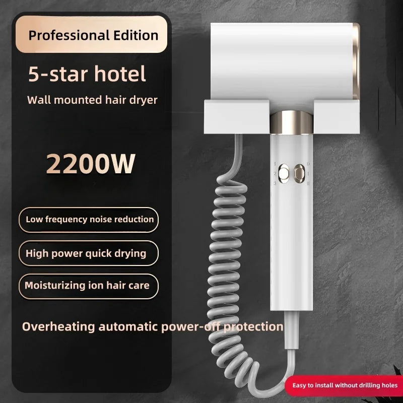 220V Hotel Specific Hair Dryer 2200W High-Power Fast Drying Silent Wall Mounted Household Hair Dryer Without Punching Holes Peaceful Pleasures Health and Wellness White -220V UK