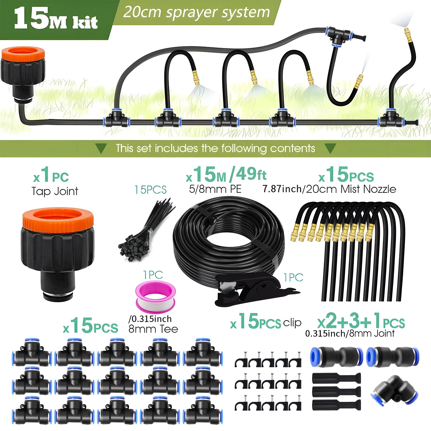30M-5M DIY Free Bending Universal Sprayer Kit 8mm Hose Patio Misting Cooling System for Garden Plant Fogging Watering Irrigation Peaceful Pleasures Health and Wellness 15M kit