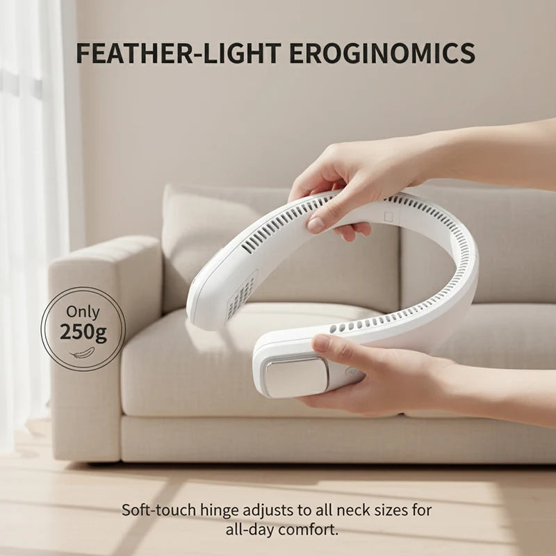 Bladeless Hanging Hand Fans USB Rechargeable Leafless Mini Neck Fan Battery Plastic Air Cooling Fan White Peaceful Pleasures Health and Wellness