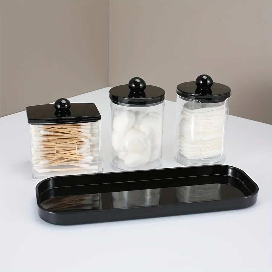 Apothecary Jar Qtip & Cotton Round Holder with Tray – 3 Pack Bathroom Organizer Set