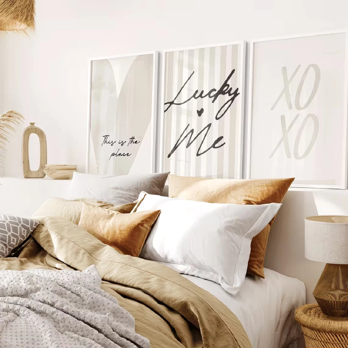 3-Piece Beige Pinstripe Neutral Canvas Wall Art Set | Home Decor