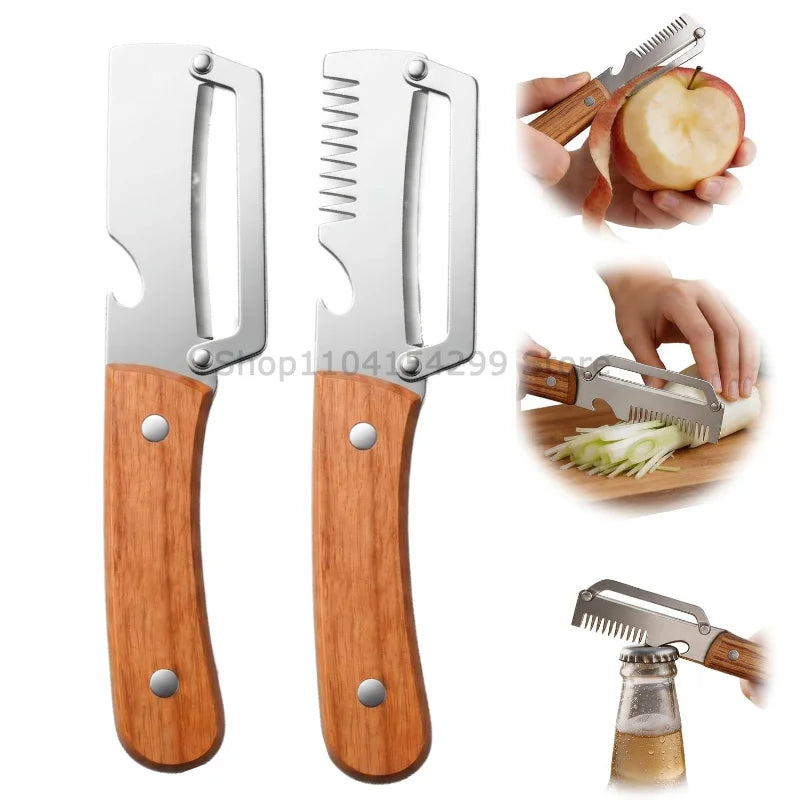 3-in-1 Wooden Handle Vegetable Peeler – Stainless Steel