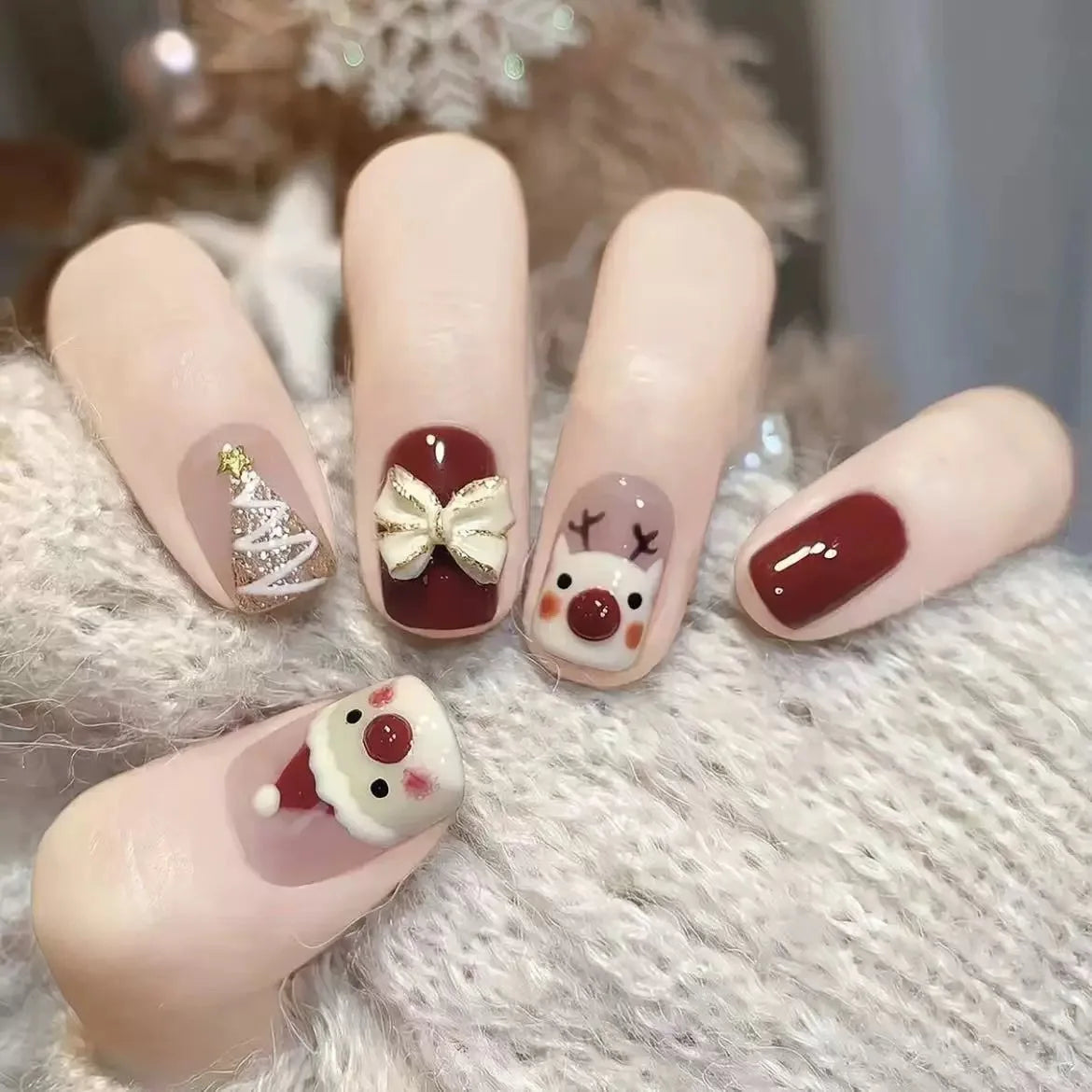 Christmas Press-On Nails | Bow & Deer Short Red Design – 10pcs