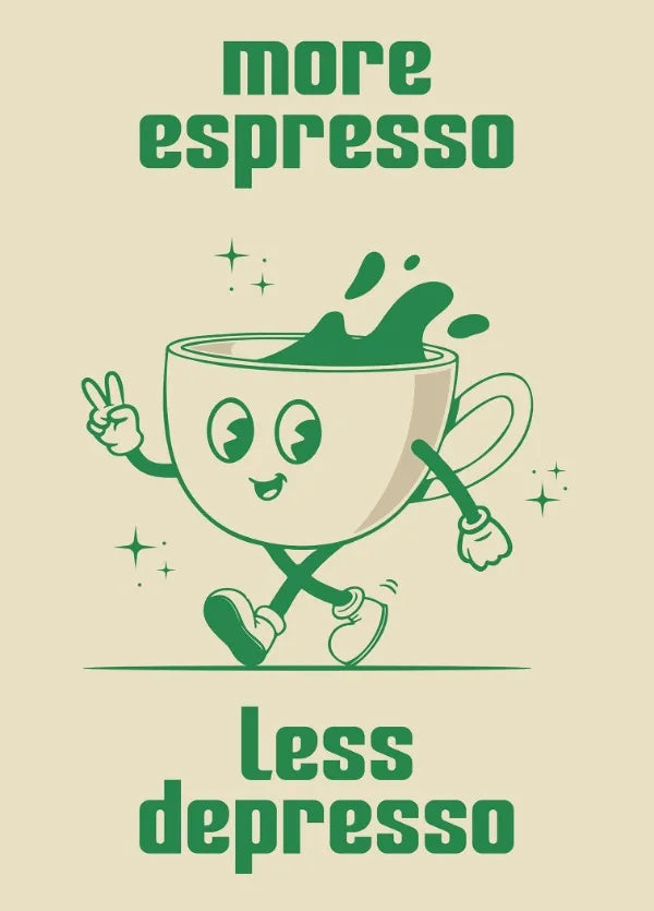 Retro Kitchen Food Cartoon Poster Character Coffee More Espresso Less Depresso Quotes Poster Wall Canvas Painting Room Decor Peaceful Pleasures Health and Wellness