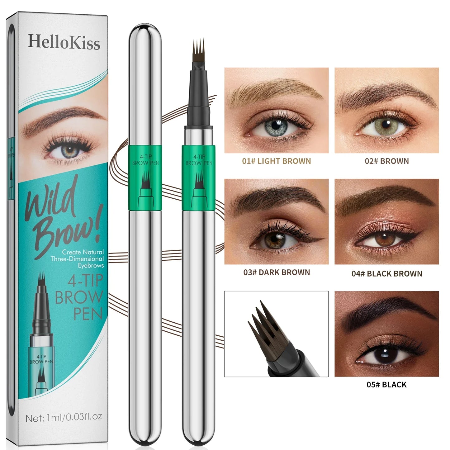 Hellokiss Waterproof Microblading Eyebrow Pen | 4-Tip, 5 Colors