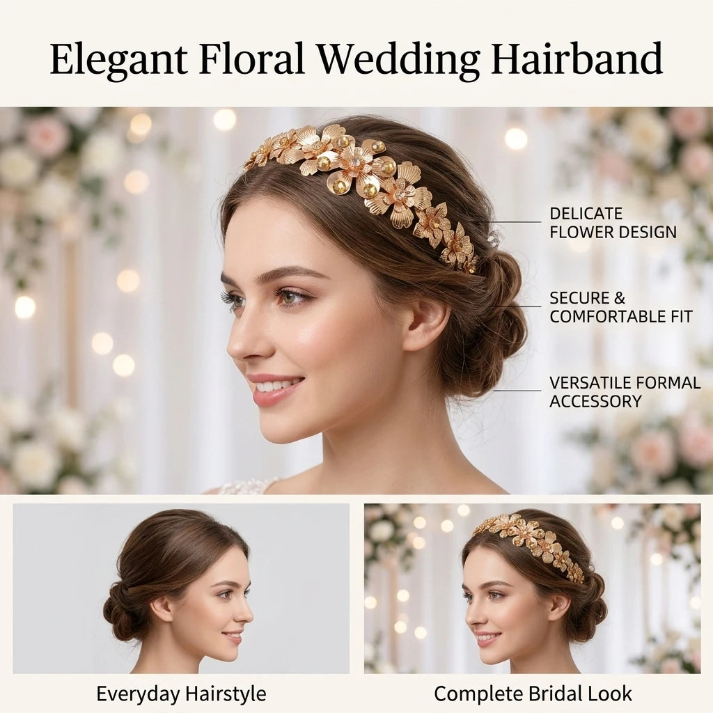 Bridal Flower Hair Band Metal-Leaf Headpiece Elegant Wedding Headband For Bride And Bridesmaid Peaceful Pleasures Health and Wellness