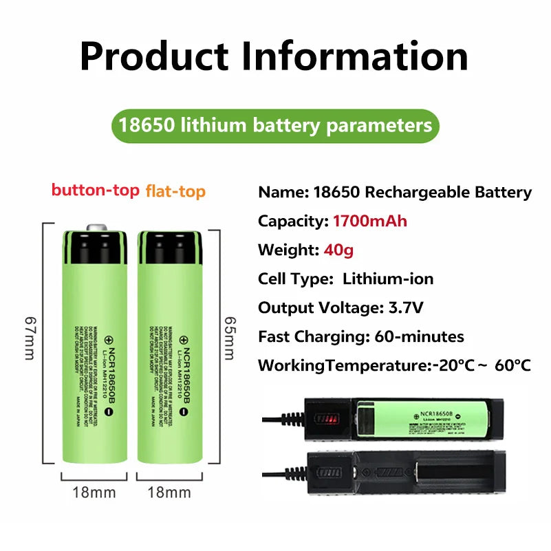 18650 1700mAh 3.7V Rechargeable Li-Ion Battery High-Drain for Flashlights 2-20pcs Bulk Available, 1000+ Charge Cycles Peaceful Pleasures Health and Wellness
