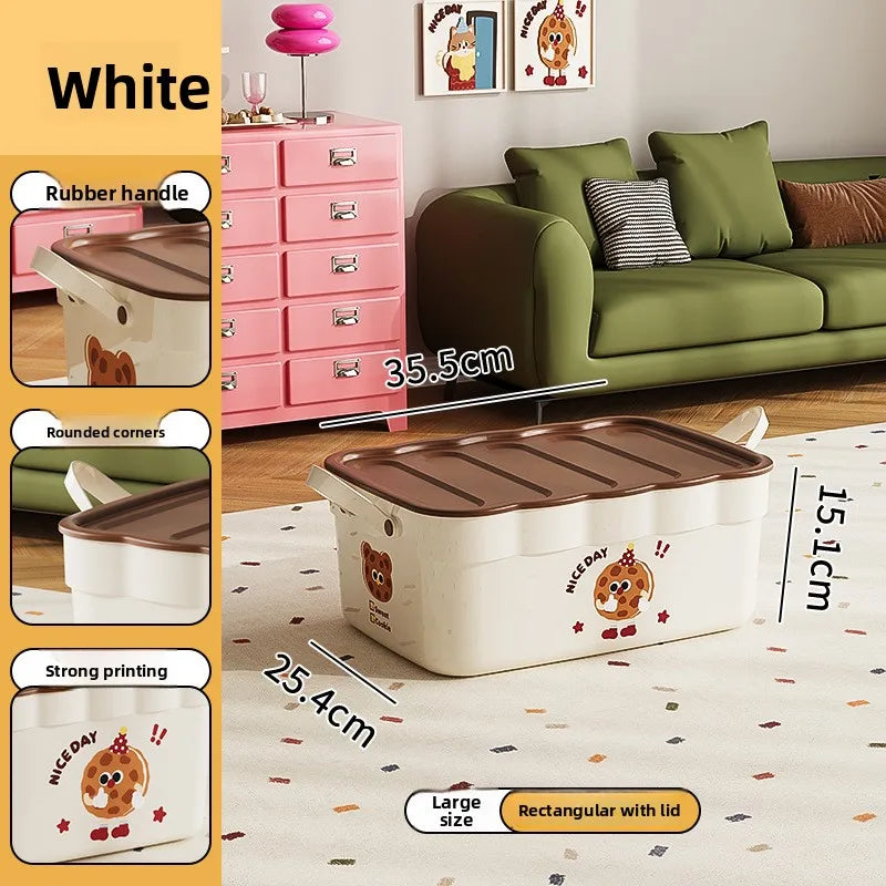 Cartoon Pattern Lidded Storage Box for Toys Snacks Dustproof Desktop Container Household Storage Solution for Various Items Peaceful Pleasures Health and Wellness White with Lid L 1 Pc