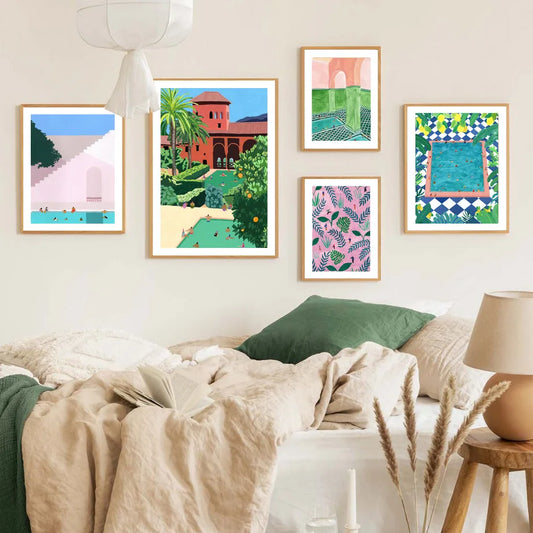 Boho Moroccan Pool Wall Art Colorful Tropical Resort Landscape Prints Vibrant Summer Vacation Canvas Posters Modern Home Deco Peaceful Pleasures Health and Wellness