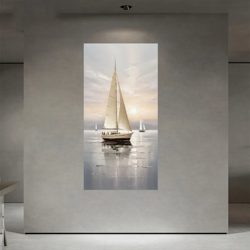 Sailboat At Sunset Wall Art Abstract Nautical Landscape Painting, Smooth Sailing Design, for Living Room, Hallway, Office Decor Peaceful Pleasures Health and Wellness