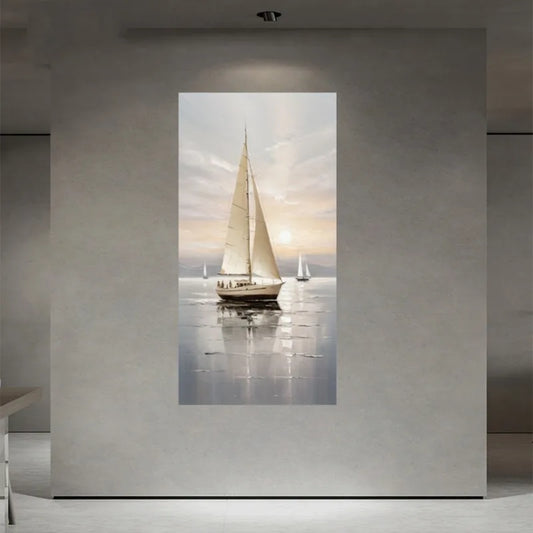 Sailboat At Sunset Wall Art Abstract Nautical Landscape Painting, Smooth Sailing Design, for Living Room, Hallway, Office Decor Peaceful Pleasures Health and Wellness
