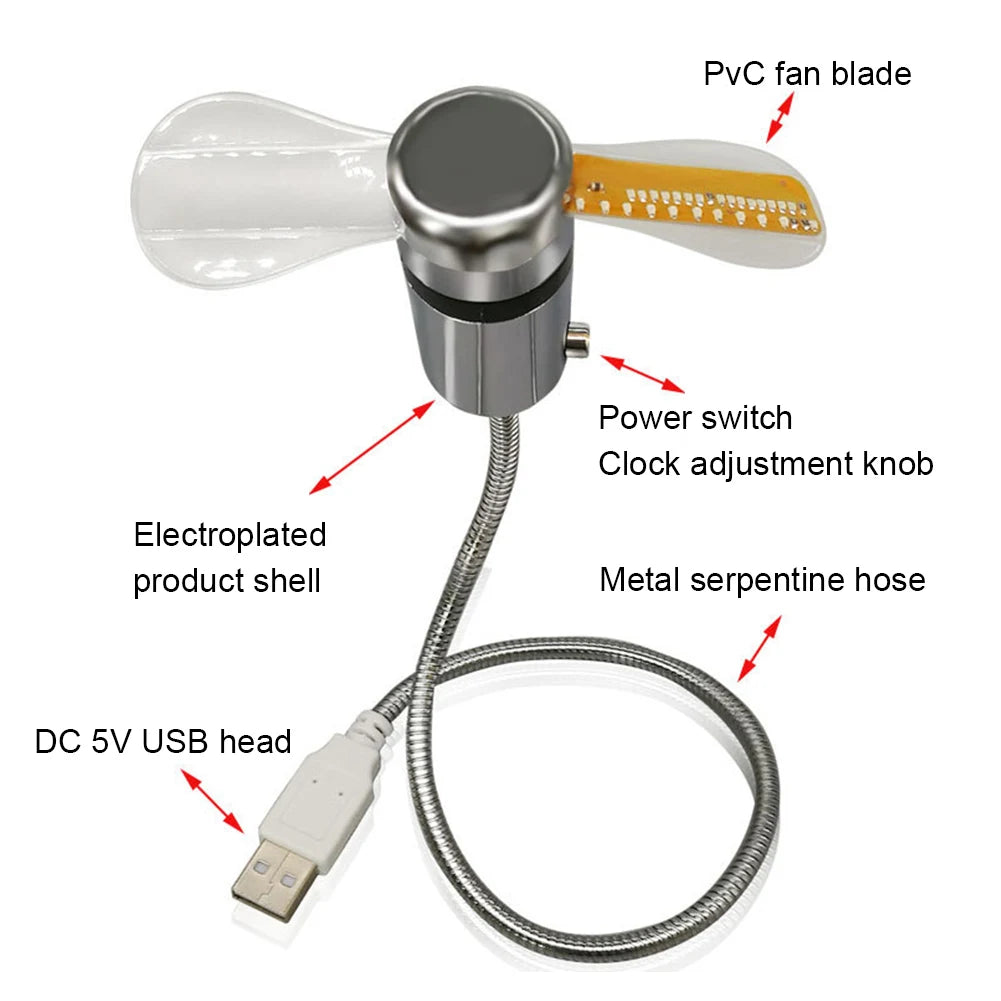 Portable Clock Fan RGB LED Night light 5V USB Hand Fan Real Time Temperature Display Metal Mini Fan for PC Laptop Desktop Cooler Peaceful Pleasures Health and Wellness