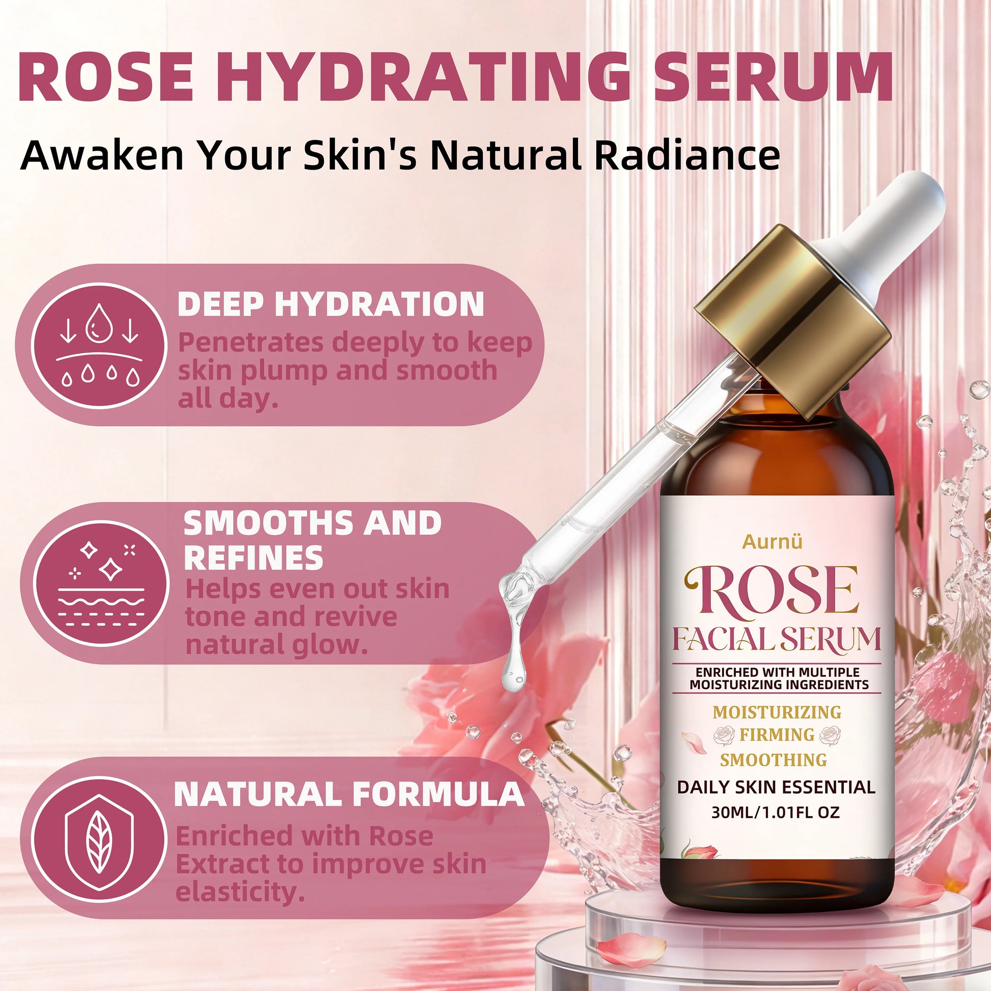 Aurnü ROSE FACIAL SERUM: Hydrating& Nourishing, Lightweight non-greasy formula for full facial skin & all mild skin types Peaceful Pleasures Health and Wellness