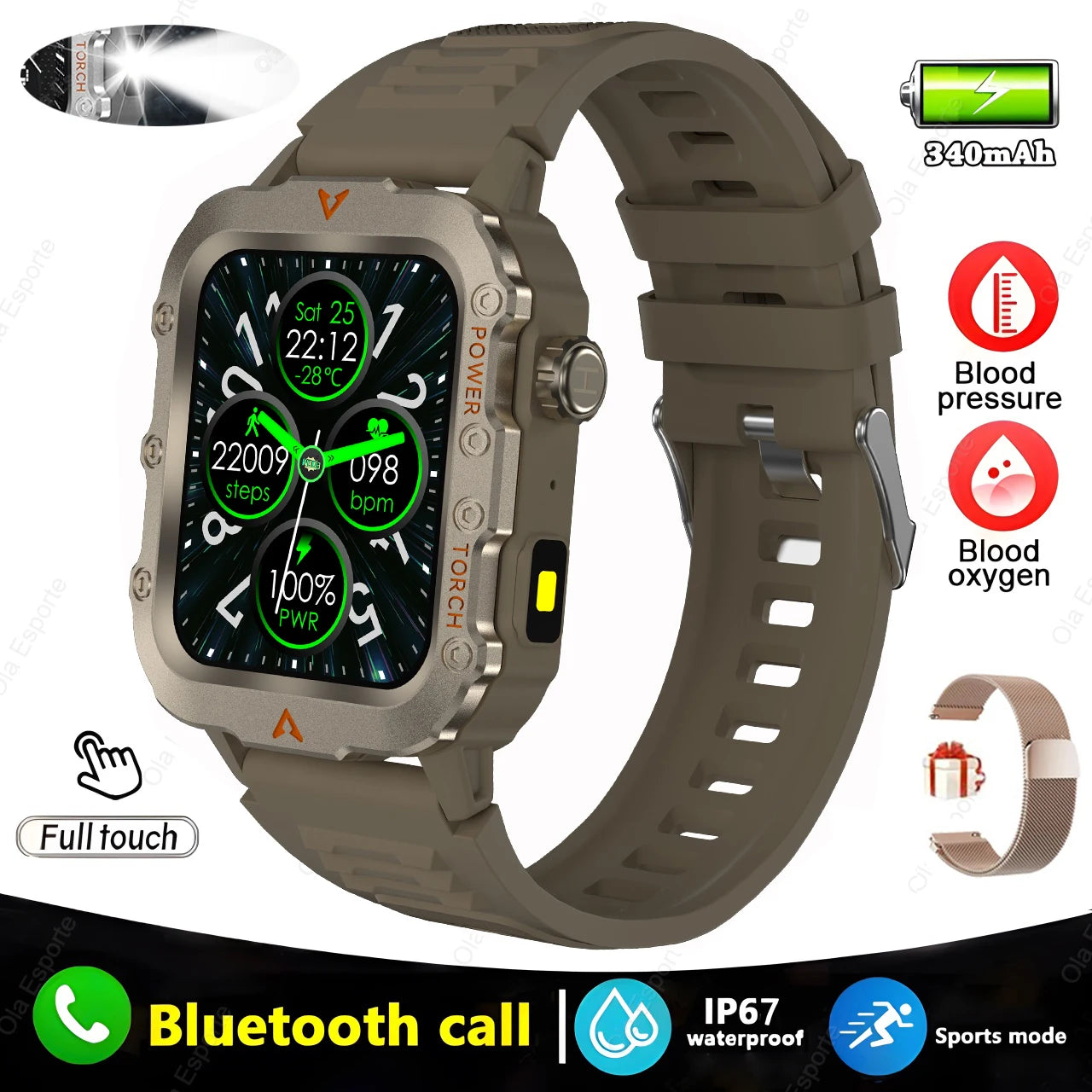 Military-Style Smart Watch | Bluetooth Call, Heart Rate, Flashlight