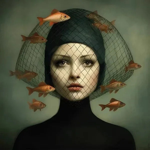 Surrealism Woman & Fish Canvas Wall Art | Fantasy Portrait Print
