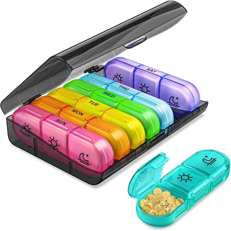 7 Days Pill Medicine Box Weekly Tablet Holder Storage Organizer Container Case Pill Box Splitters Pill Case Organizer Peaceful Pleasures Health and Wellness Colorful Black
