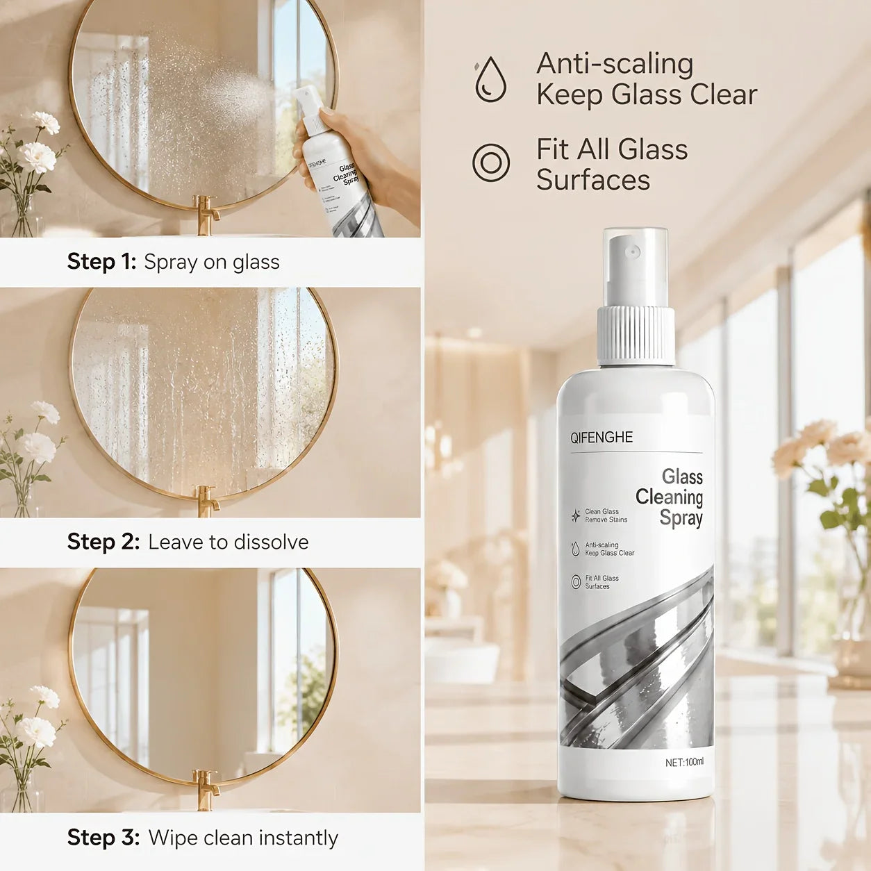 QIFENGHE Glass Cleaner Spray – Mirror, Shower & Tile