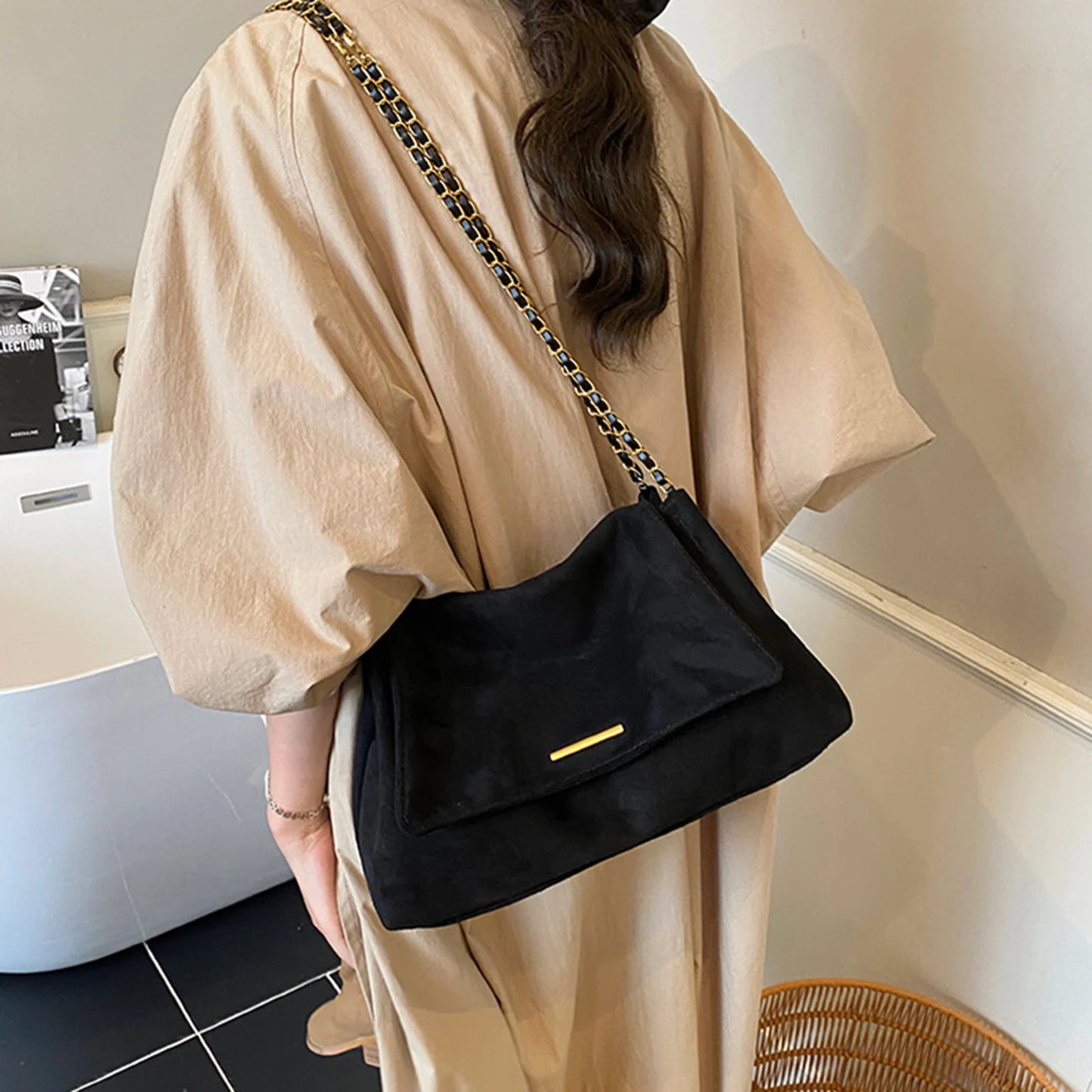 Women's Tote Bag Large Capacity Shoulder Crossbody Bag with Chain Strap Vintage Design for Daily Commute and Office Peaceful Pleasures Health and Wellness