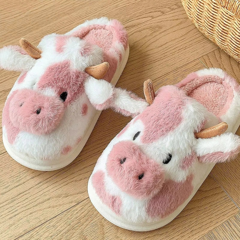Women's Fluffy Cow Slippers | Cute Plush Winter House Shoes
