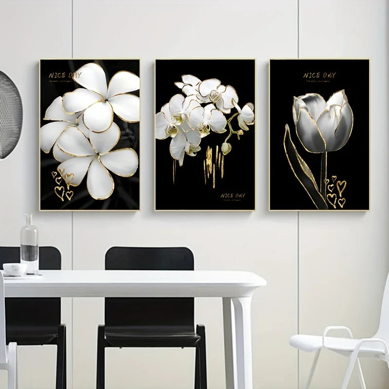 3-Piece White Flowers Canvas Wall Art | Modern Floral Prints Canvas Wall Art Peaceful Pleasures Health and Wellness