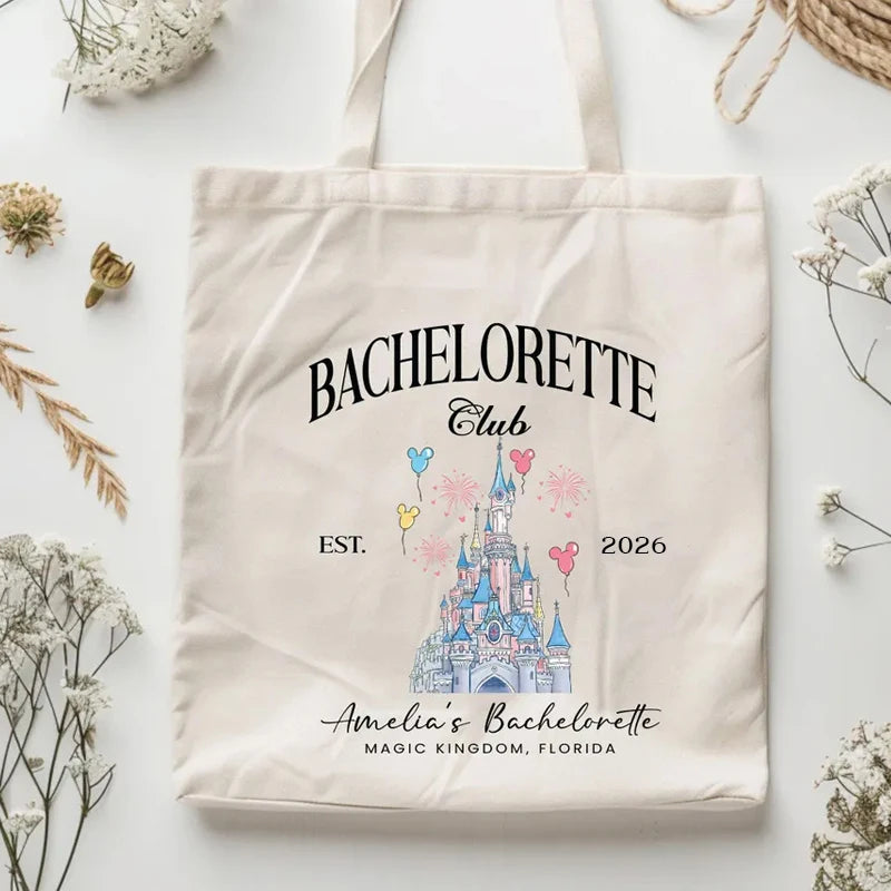 Personalized Magic Kingdom Castle Bachelorette Club Canvas Tote Bag Custom Wedding Party Decoration Gift Bride Shopping Handbag Peaceful Pleasures Health and Wellness