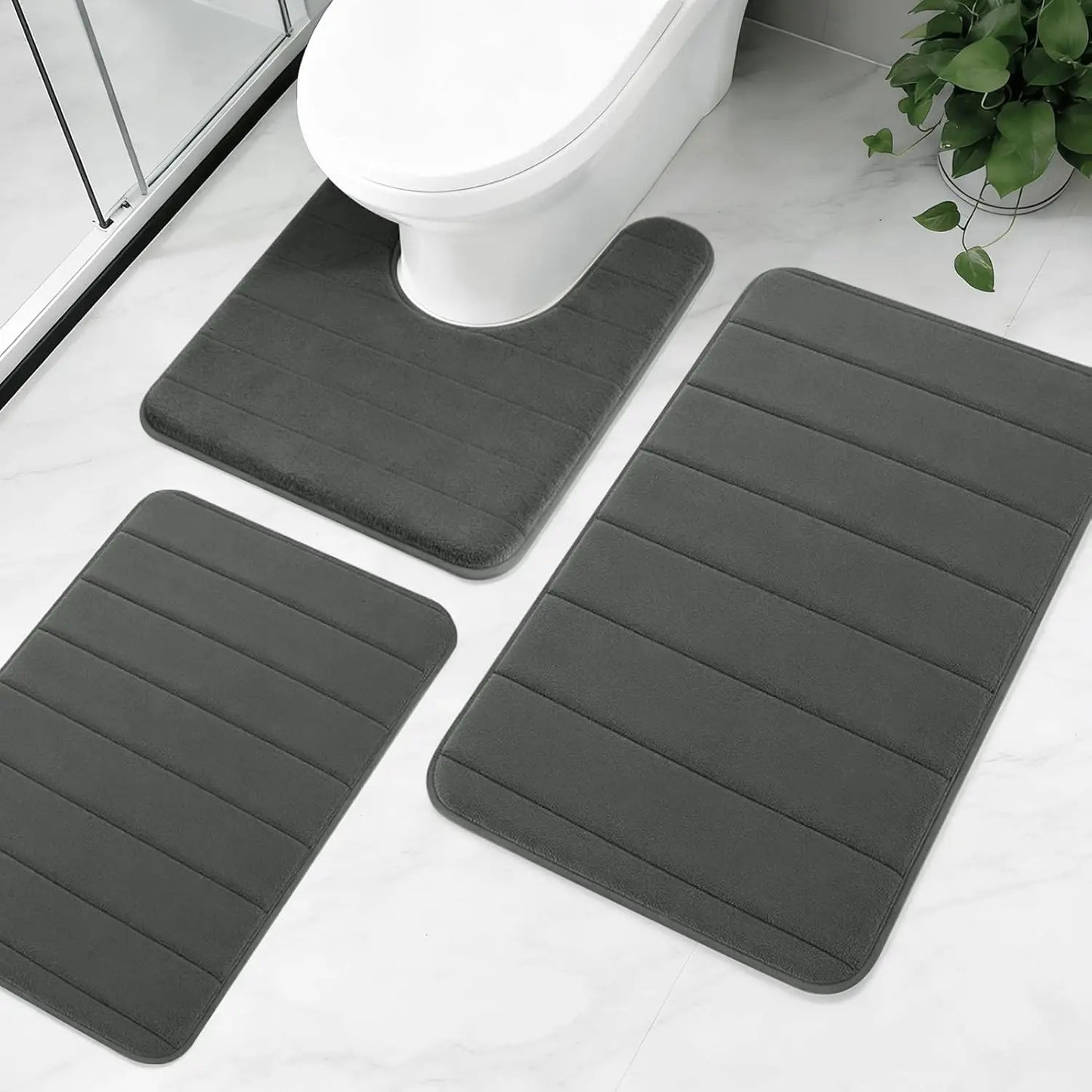 3Piece Non-Slip Bath Mat Set Memory Foam Bathroom Rugs Water Absorbent Shower Mat Machine Washable Toilet Mat for Bathroom Floor Peaceful Pleasures Health and Wellness Dark Gray